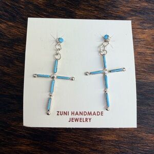 925 Sterling Silver Zuni Native Turquoise Cross Earrings | Native Jewelry New